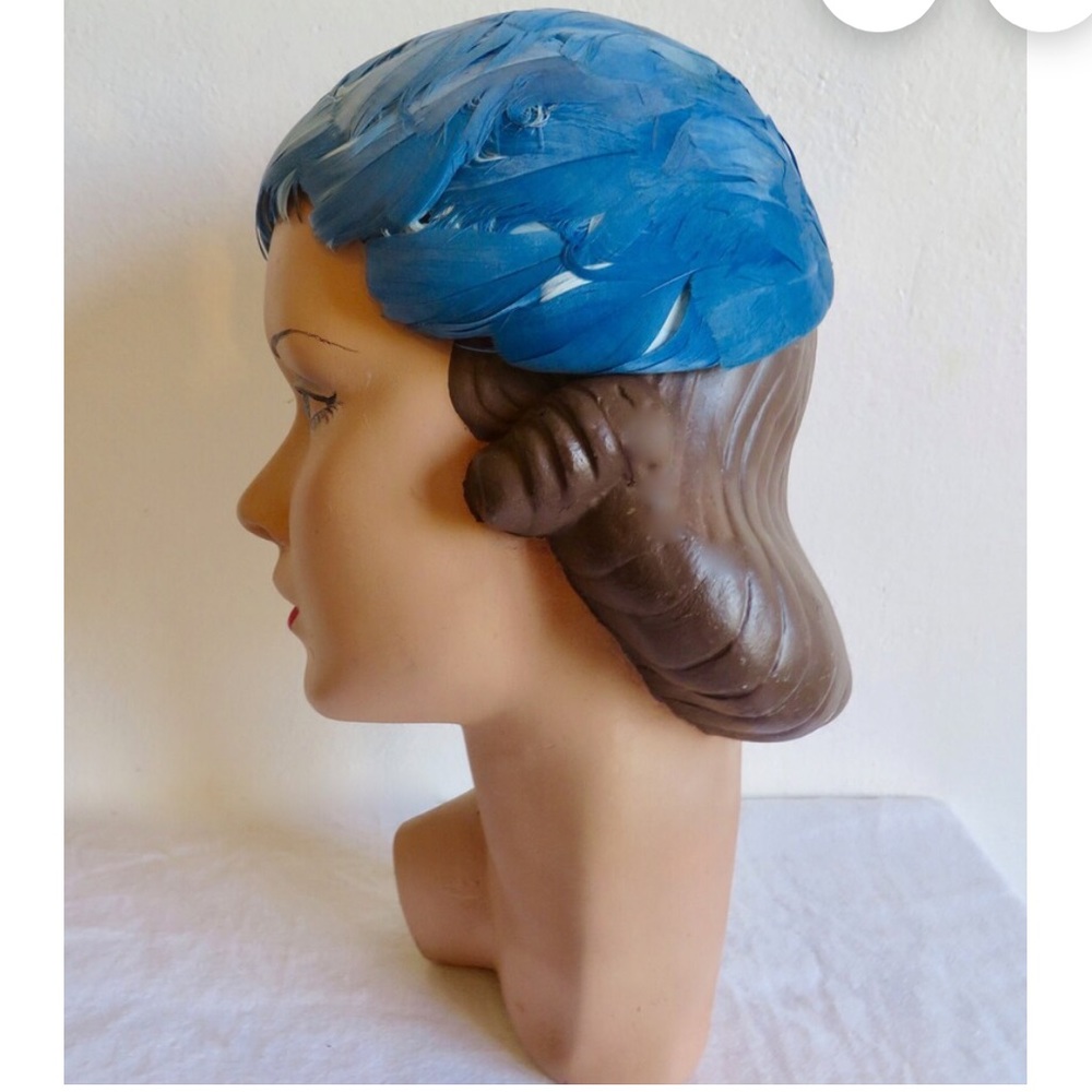 VTG 1950s Blue Feather Cloche Cocktail Hat - Picture 4 of 7